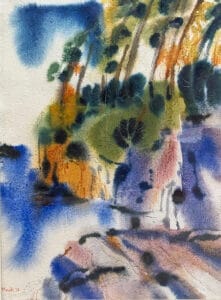 Original watercolour by Canadian artist Marcile Campbell in blue, orange and green